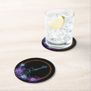 Peacock feather elegant glitter look black purple round paper coaster