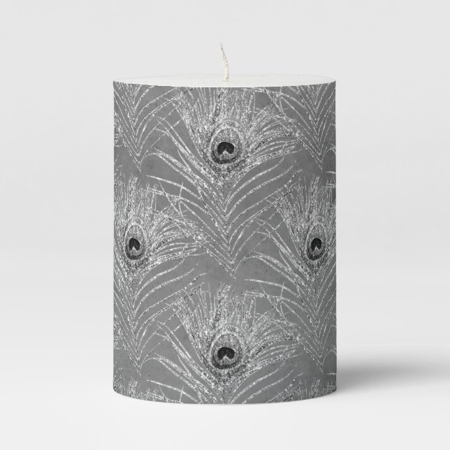 Peacock feather elegant pattern silver look gray pillar candle (Front)