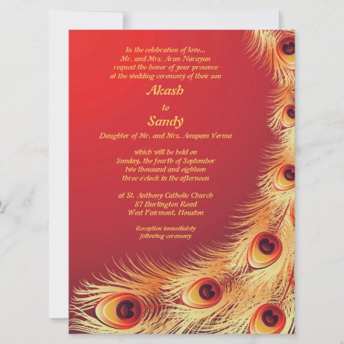 Peacock Feather Elegant Red Wedding Invitation
