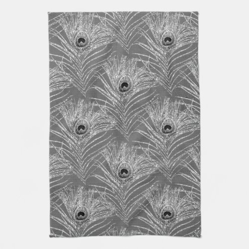 Peacock feather elegant silver black gray pattern kitchen towel