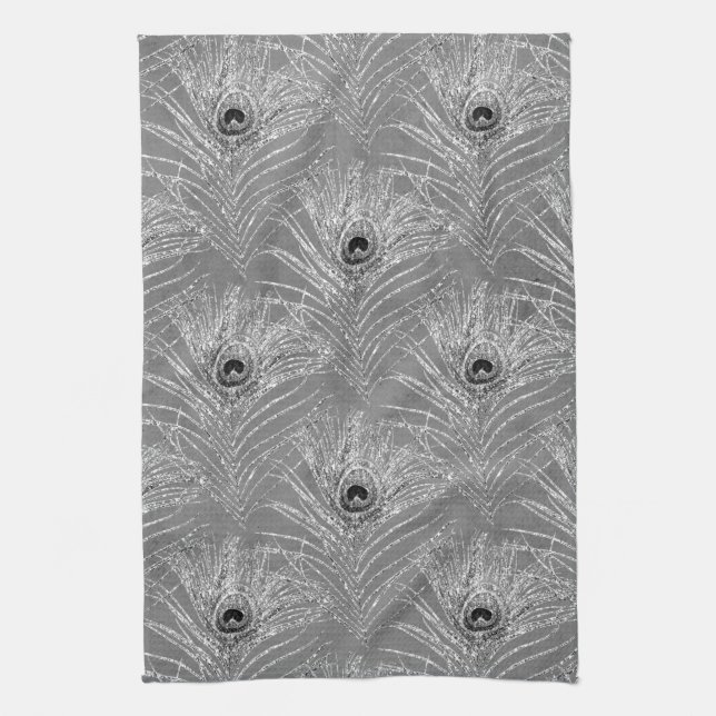 Peacock feather elegant silver black gray pattern kitchen towel (Vertical)