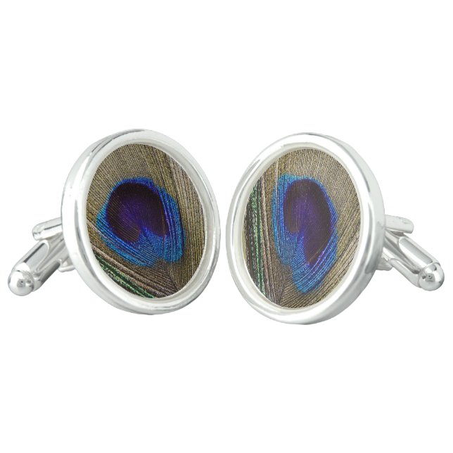 Peacock Feather Eye Wedding Cuff Links (Angled)