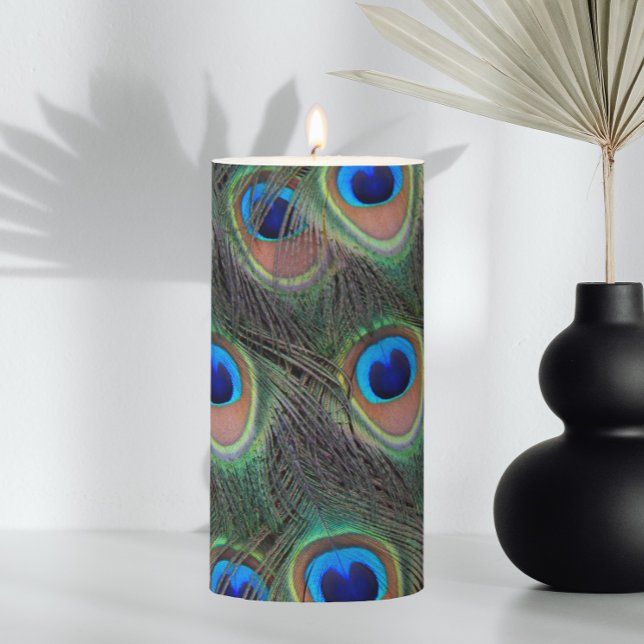 Peacock Feather Eyespot Pattern Pillar Candle (In Situ Vase)
