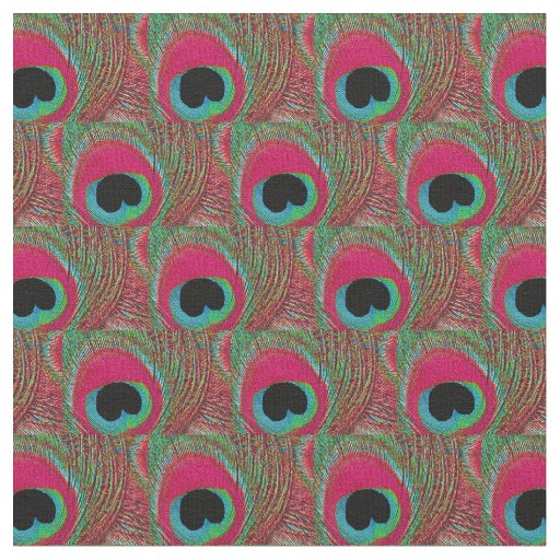 Peacock Feather Fabric - Hot Pink Aqua Green Black