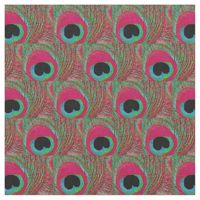 Peacock Feather Fabric - Hot Pink Aqua Green Black (Close Up)