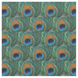Peacock Feather Fabric - Tan Green Teal Blue Navy