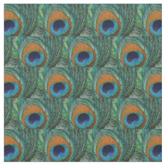 Peacock Feather Fabric - Tan Green Teal Blue Navy