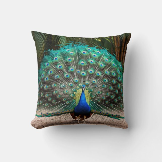 Peacock Feather Fanning Throw Pillow (Front)