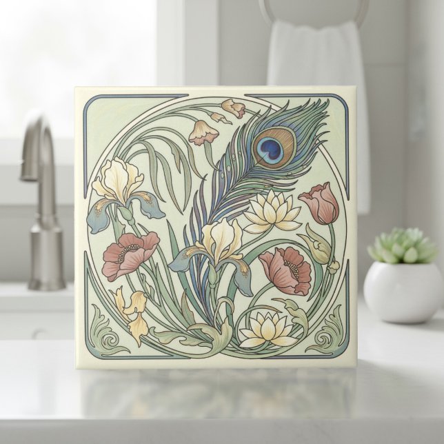 Peacock Feather Floral Art Nouveau Pat#1 ID1193 Ceramic Tile (Creator Uploaded)