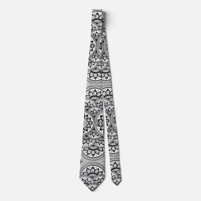 Peacock Feather Floral Mandala Hand-Drawn Ink  Neck Tie (Front)