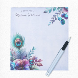 Peacock Feather Floral Watercolor Personalized Notepad