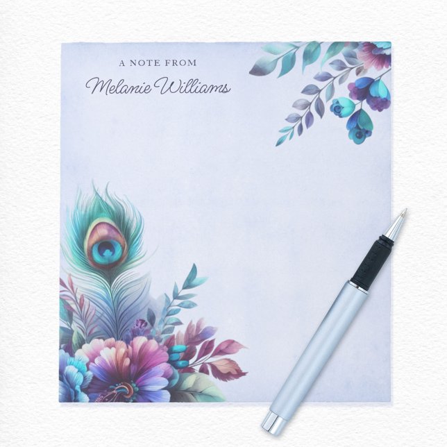 Peacock Feather Floral Watercolor Personalized Notepad (Creator Uploaded)