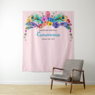 Peacock Feather Flowers Quinceañera Photo Backdrop