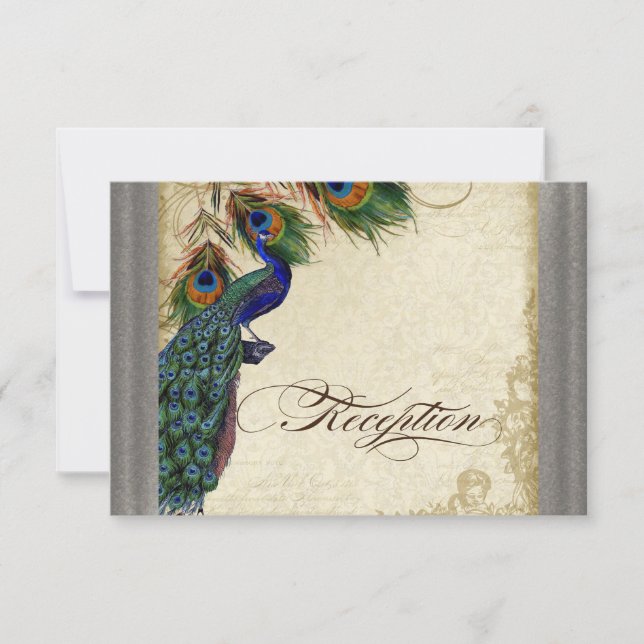 Peacock & Feather Formal Reception Invite Silver (Front)