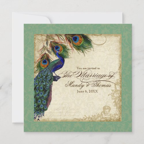 Peacock  Feather Formal Wedding Invite Green