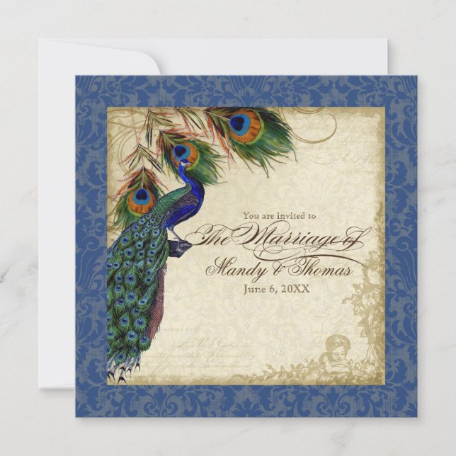 Peacock & Feather Formal Wedding Invite Navy Blue (Front)