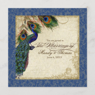 Peacock & Feather Formal Wedding Invite Navy Blue