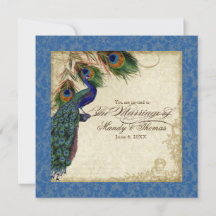 Peacock & Feather Formal Wedding Invite Royal Blue