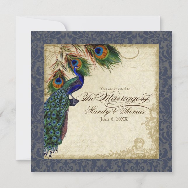 Peacock & Feather Formal Wedding Invite Royal Blue (Front)