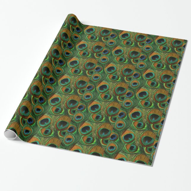 Peacock Feather Gift Wrap - Wrapping Paper - Green (Unrolled)