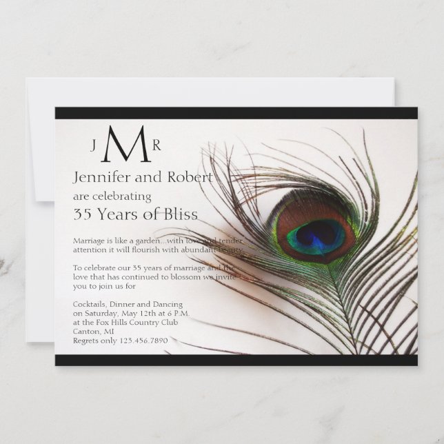 Peacock Feather Glamor Wedding Anniversary Invitation (Front)