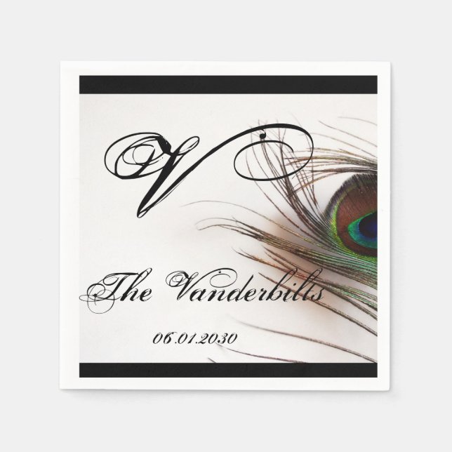Peacock Feather Glamor Wedding Monogram Napkins (Front)