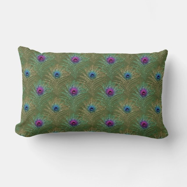 Peacock Feather Glitter and Sparkle Lumbar Pillow (Front)