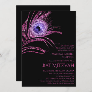 Peacock Feather Glitter Pink Bat Mitzvah Logo Invitation