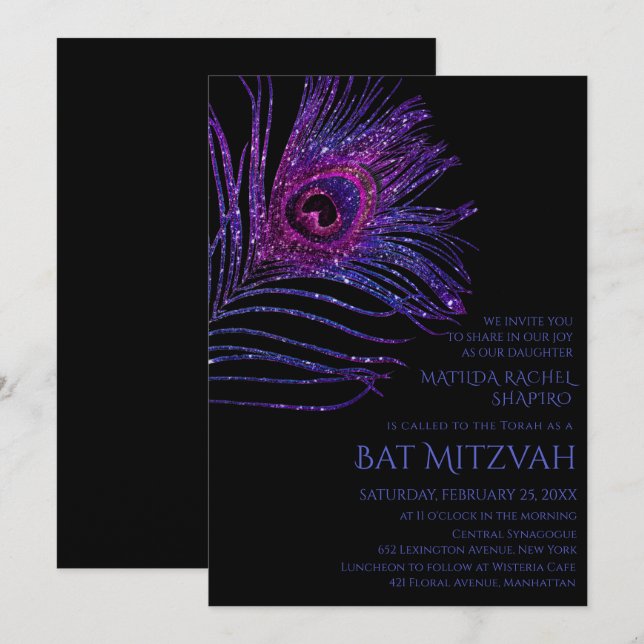 Peacock Feather Glitter Purple Bat Mitzvah Logo Invitation (Front/Back)
