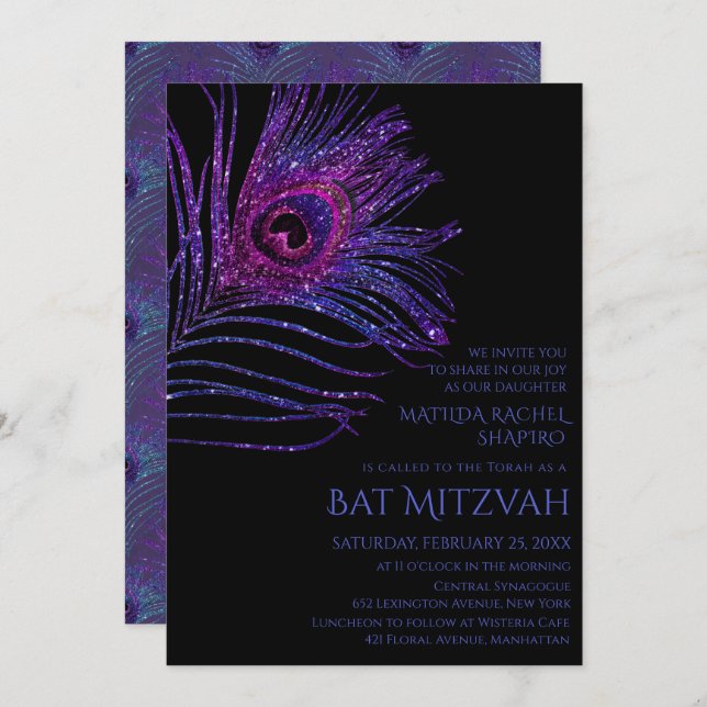 Peacock Feather Glitter Purple Bat Mitzvah Logo Invitation (Front/Back)
