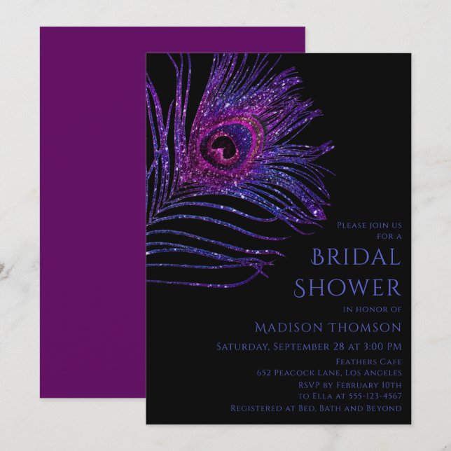Peacock Feather Glitter Purple Bridal Shower Invit Invitation (Front/Back)