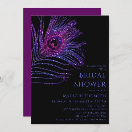 Peacock Feather Glitter Purple Bridal Shower Invit Invitation