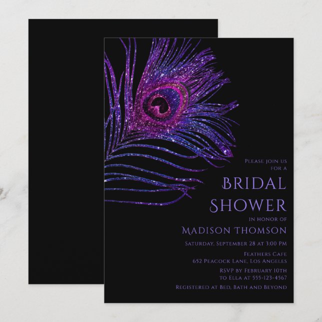 Peacock Feather Glitter Purple Bridal Shower Invit Invitation (Front/Back)