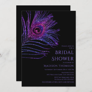 Peacock Feather Glitter Purple Bridal Shower Invit Invitation