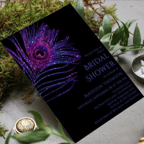 Peacock Feather Glitter Purple Bridal Shower Invitation