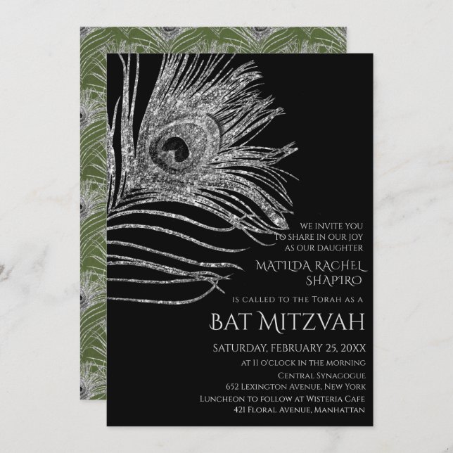 Peacock Feather Glitter Silver Bat Mitzvah Logo Invitation (Front/Back)