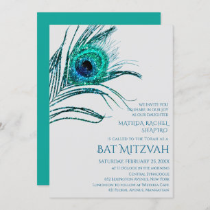 Peacock Feather Glitter Turquoise Bat Mitzvah Logo Invitation