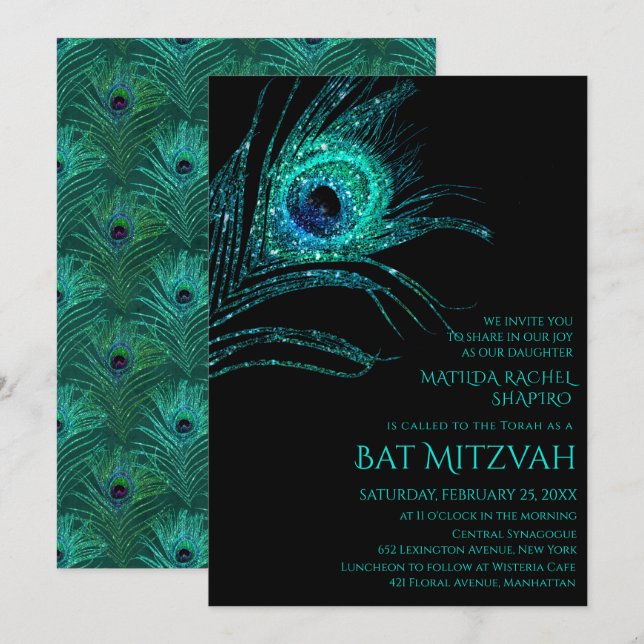 Peacock Feather Glitter Turquoise Bat Mitzvah Logo Invitation (Front/Back)