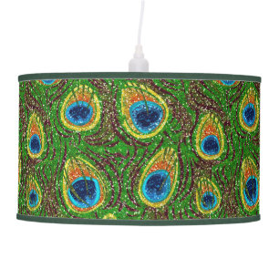 Peacock Feather Glittery Art Print Hanging Lamp