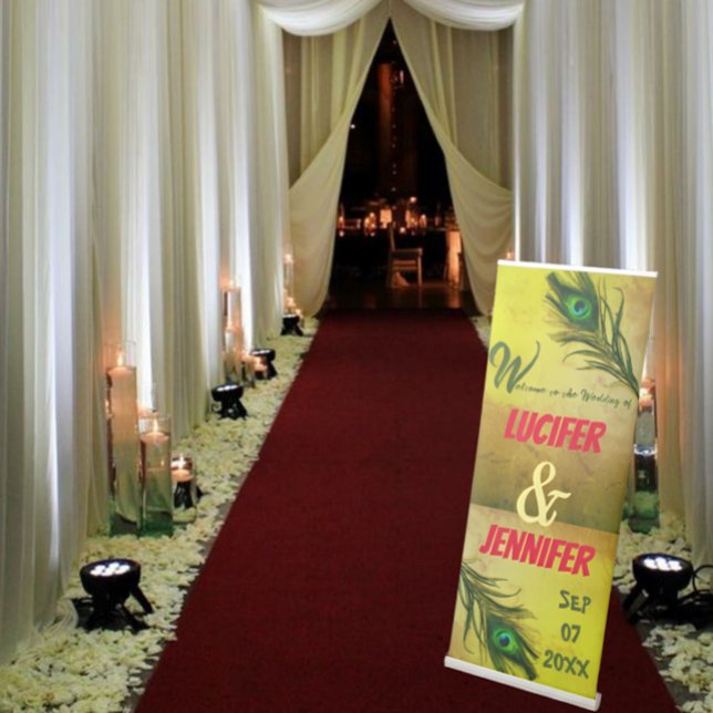 Peacock Feather Gold Background Custom Wedding  Retractable Banner (Creator Uploaded)