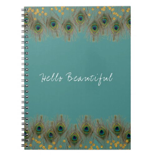 Peacock Feather  Gold Dots ANY COLOR Boho Chic Notebook