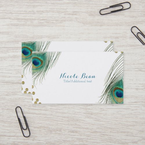 Peacock Feather  Gold Dots Boho Glam Elegant Business Card
