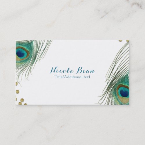 Peacock Feather  Gold Dots Boho Glam Elegant Business Card