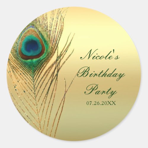 Peacock Feather Gold Exotic Boho Chic Custom Favor Classic Round Sticker