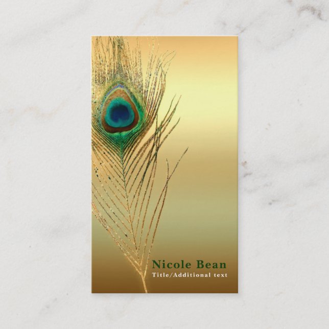 Peacock Feather Gold Exotic Boho Chic Custom Glam Business Card (Front)