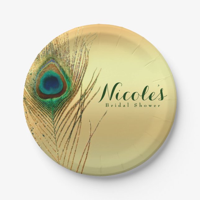 Peacock Feather Gold Exotic Boho Chic Custom Party Paper Plates (Front)