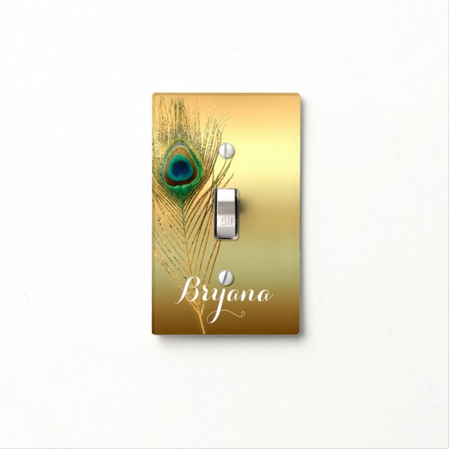 Peacock Feather Gold Exotic Boho Chic Elegant Glam Light Switch Cover (In Situ)
