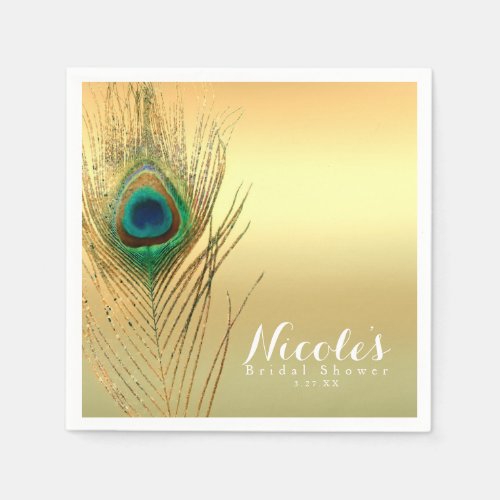 Peacock Feather Gold Exotic Boho Chic Elegant Napkins