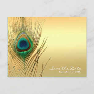 Peacock Feather Gold Exotic Boho Save the Date Announcement Postcard