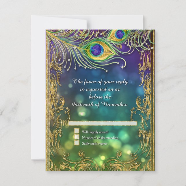 Peacock Feather Gold Glitter Jeweled Wedding RSVP Card (Front)